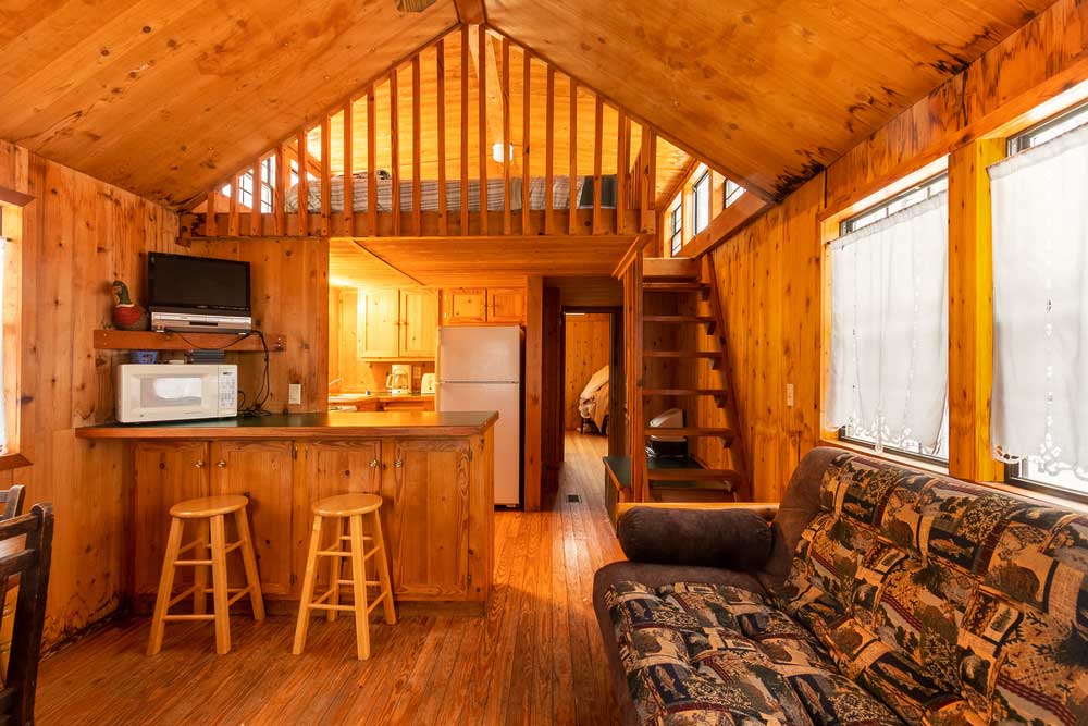 The original wood-paneled Flying Eagle cabin interior
